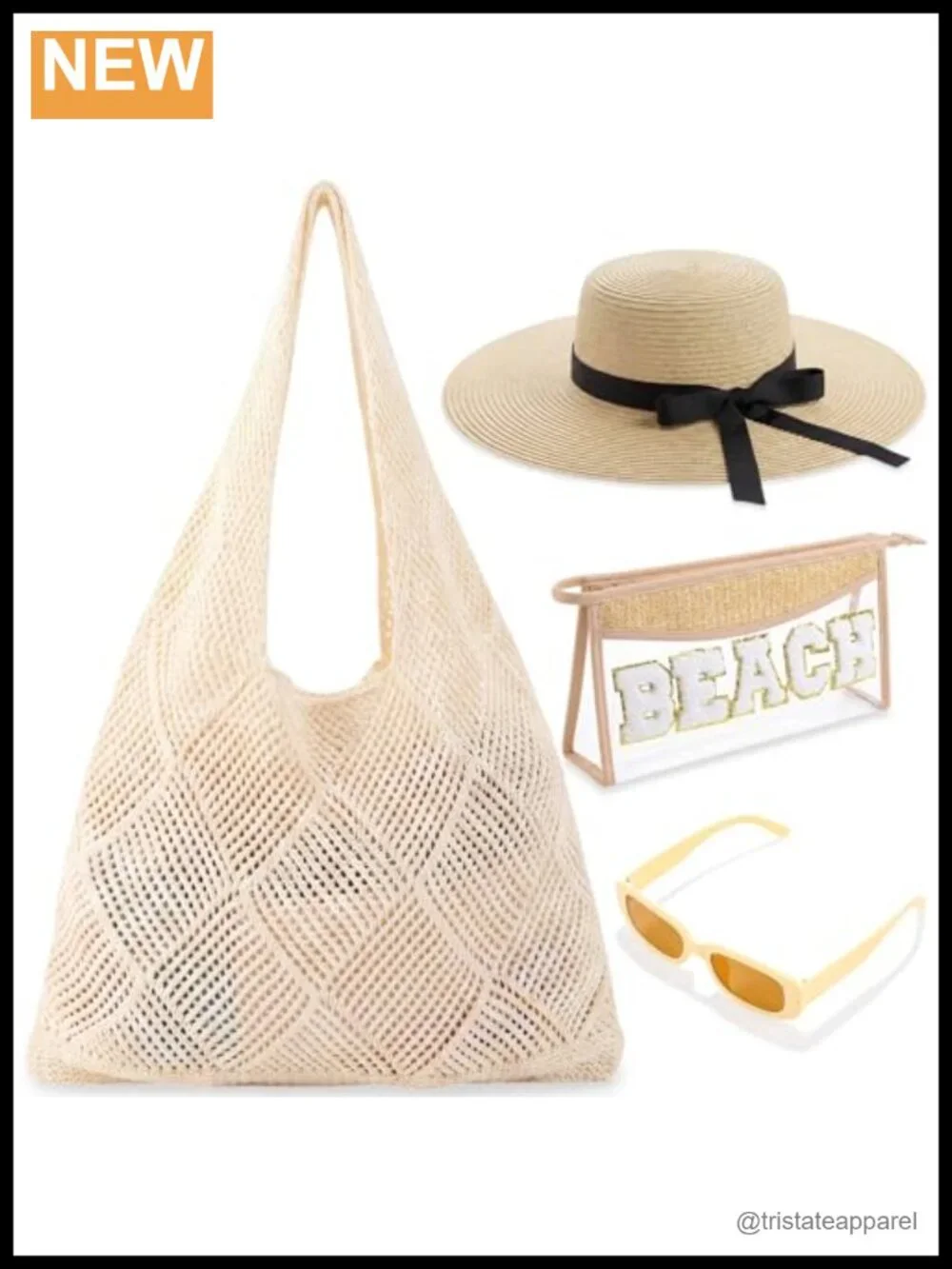 Women's 4-Piece Beach Travel Set - Crochet Mesh Tote, Cosmetic Bag, Straw Hat &